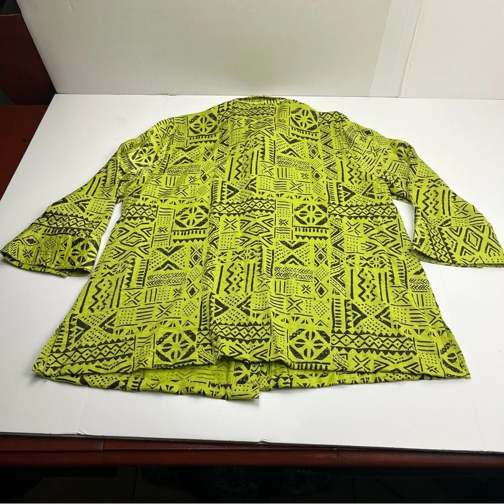 Ali Miles Geometric Green‎ Black Top Wire Collar Womens XL Button Front *FLAW